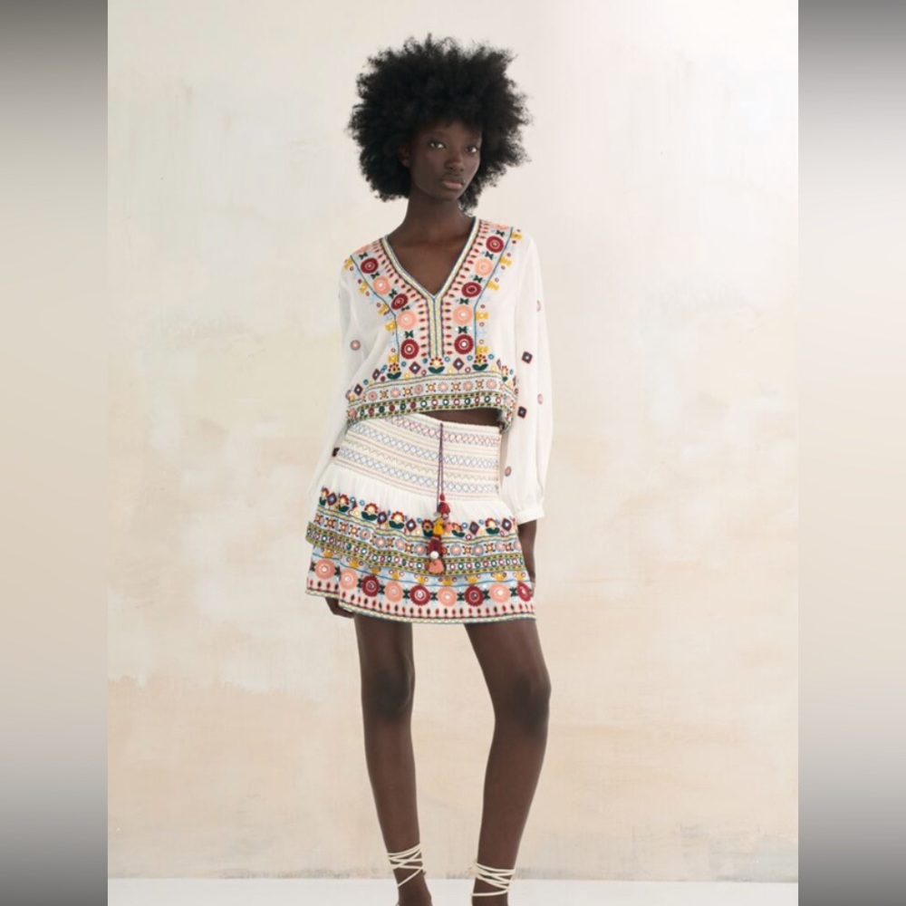Zara Embroidered Top and Skirt, size extra small